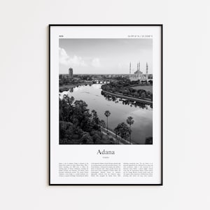 Impresión en blanco y negro de Adana, póster fotográfico de Adana, póster turístico de Adana, impresión de arte mural de Turquía, impresión minimalista para decoración del hogar.