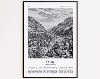 Svartvitt tryck med Ouray, fotoaffisch med Ouray, reseaffisch med Ouray-motiv, väggkonsttryck med Colorado, USA, modernt resetryck