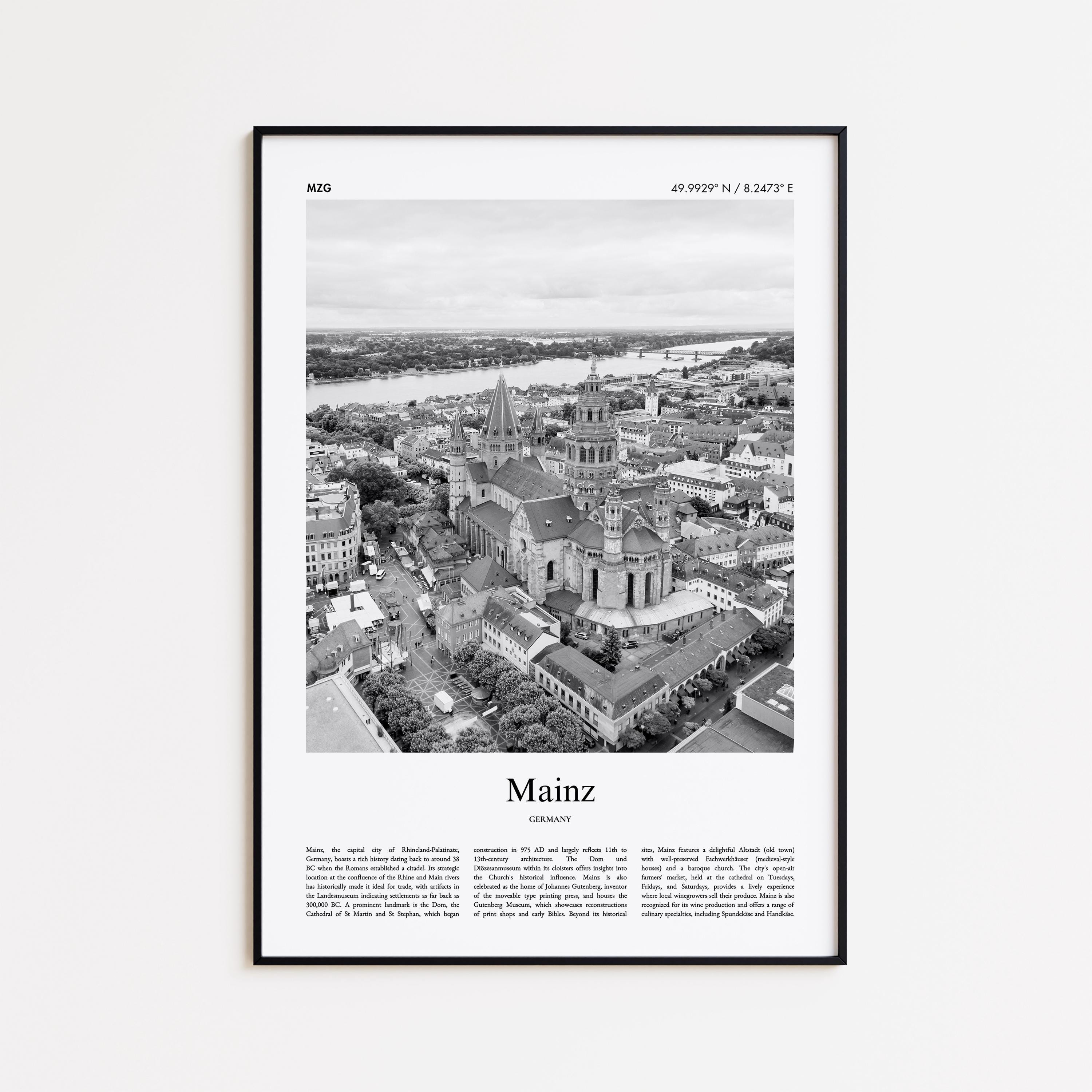 Mainz Black and White Print, Mainz Photo Poster, Mainz Travel Poster Gift, Germany Wall Art Print, Minimal Home Decor Print