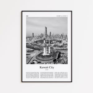 May include: Monochrome framed print of Kuwait City, showcasing the Kuwait Towers and a modern cityscape. The print includes the text "Kuwait City" and descriptive text below the image, offering a glimpse of the city's architecture.