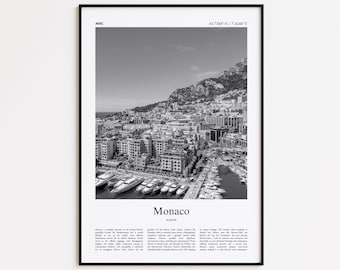Impression noir et blanc Monaco, affiche photo Monaco, cadeau affiche de voyage Monaco, impression d'art mural, impression décoration minimaliste