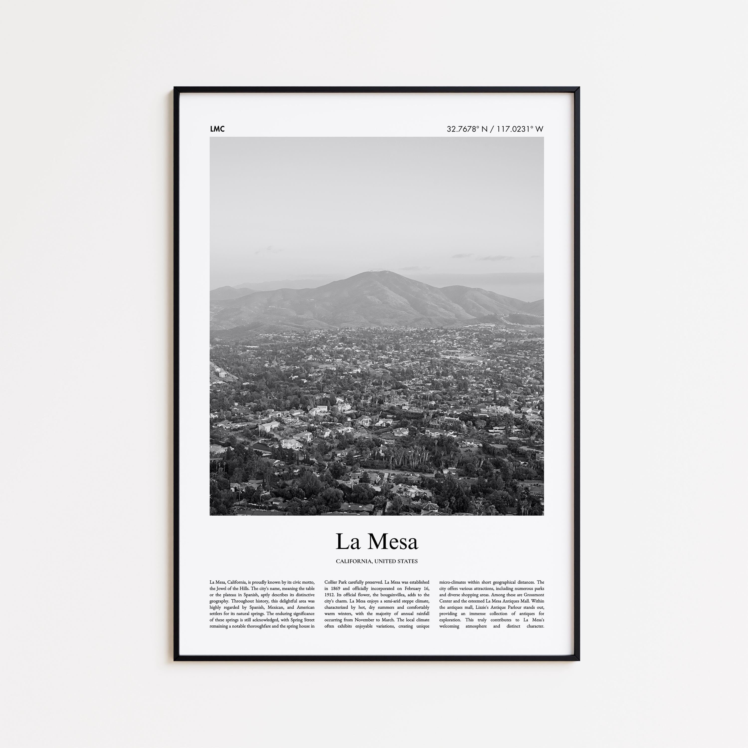 La Mesa Black and White Print, La Mesa Photo Poster, La Mesa Travel Poster Gift, California, United States, USA Wall Art Print