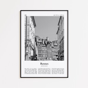 Impressão em preto e branco de Rennes, pôster fotográfico de Rennes, pôster de viagem de Rennes para presente, Bretanha, França
