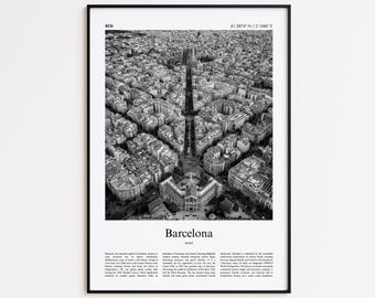 Impresión en blanco y negro de Barcelona, póster fotográfico de Barcelona, póster de viaje de Barcelona, impresión de arte mural de España, impresión minimalista para decoración del hogar.