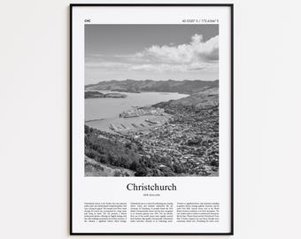 Czarno-biały wydruk z Christchurch, plakat ze zdjęciem z Christchurch, prezent z podróży do Christchurch, wydruk ścienny z Nowej Zelandii, prezent do wystroju domu