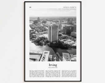 Irving Black and White Print, Irving Photo Poster, Irving Travel Poster Gift, Texas, United States, USA Wall Art Print, Modern Travel Print