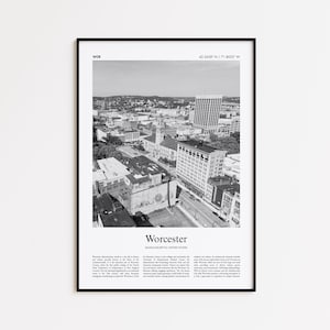 Worcester zwart-wit print, Worcester fotoposter, Worcester Travel poster cadeau, Massachusetts, Verenigde Staten, USA Wall Art Print
