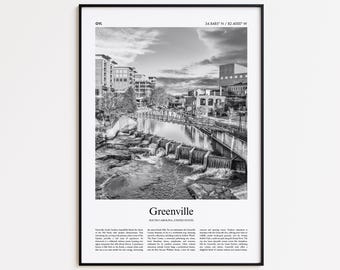Impresión en blanco y negro de Greenville, póster fotográfico de Greenville, póster turístico de Greenville, Estados Unidos, impresión artística de pared de EE. UU., regalo de decoración del hogar