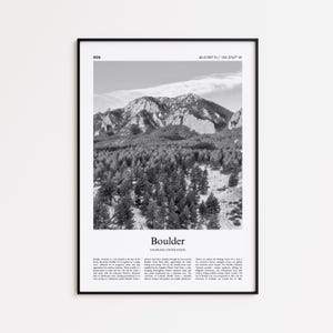 Impresión en blanco y negro de Boulder, póster fotográfico de Boulder, póster turístico de Boulder, Colorado, Estados Unidos.