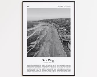 Czarno-biały wydruk San Diego, plakat ze zdjęciami z San Diego, prezent z podróży do San Diego, Kalifornia, Stany Zjednoczone, wydruk ścienny USA