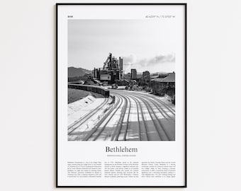 Bethlehem Black and White Print, Bethlehem Photo Poster, Bethlehem Travel Poster Gift, Pennsylvania, United States, USA Wall Art Print