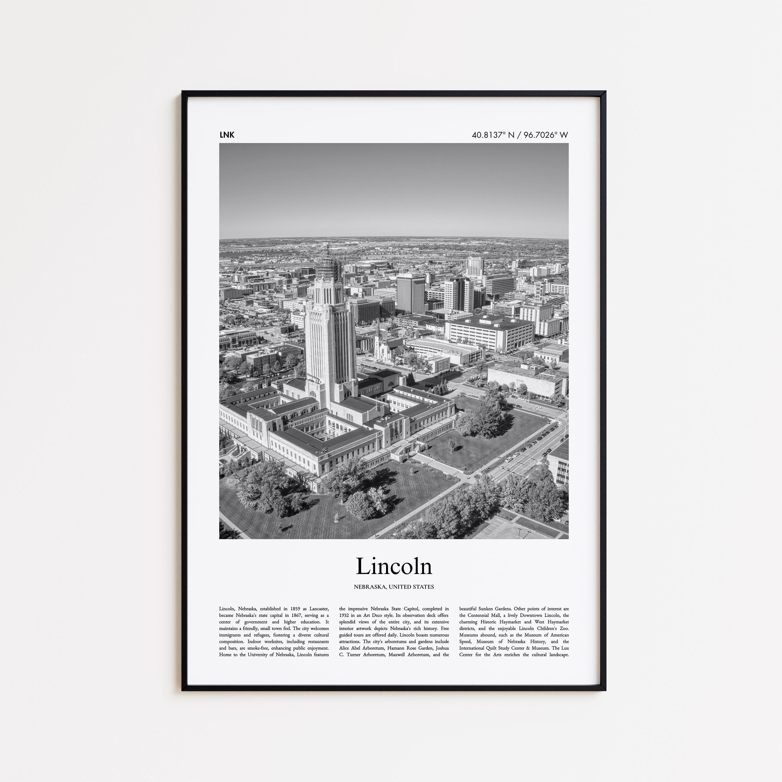 Lincoln Black and White Print, Lincoln Photo Poster, Lincoln Travel Poster Gift, Nebraska, United States, USA Wall Art Print