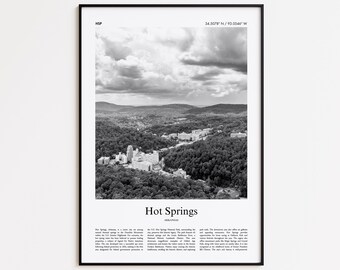 Impression noir et blanc de sources chaudes, affiche photo de sources chaudes, cadeau d'affiche de voyage de sources chaudes, impression d'art mural Arkansas, impression de voyage moderne