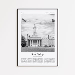 Impresión en blanco y negro de State College, póster fotográfico de State College, póster de viaje de State College, Pensilvania, Estados Unidos.