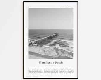 Impresión en blanco y negro de Huntington Beach, póster fotográfico de Huntington Beach, póster de viaje de Huntington Beach, California, Estados Unidos.