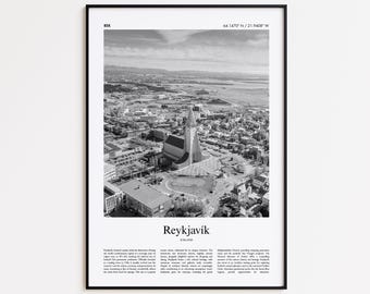 Stampa in bianco e nero di Reykjavik, poster fotografico di Reykjavik, poster regalo di viaggio di Reykjavik, stampa artistica da parete dell'Islanda, stampa minimalista per la casa