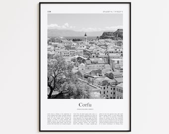 May include: Black and white framed print of Corfu, Greece. The image shows a cityscape with buildings, a church tower, and a tree in the foreground. The print includes the text "Corfu" and geographical coordinates.