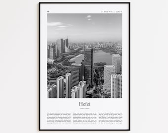 Impresión en blanco y negro de Hefei, póster fotográfico de Hefei, póster de viaje de Hefei, impresión de arte mural de Anhui, China, impresión minimalista para decoración del hogar.