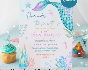Pastel Mermaid Tail Birthday Invitation, Under the Sea Kids Invite Editable in Canva
