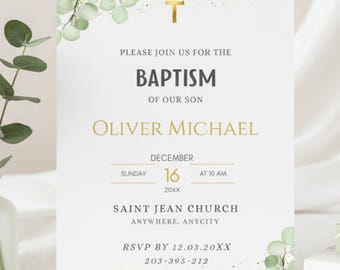 Baptism Invitation Green Gold Eucalyptus, Digital Template Editable in Canva