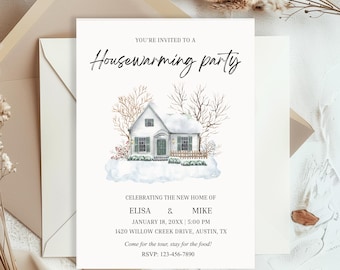 Modello modificabile Canva per invito di inaugurazione della casa con festa in casa innevata