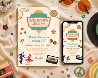 Invitación de cumpleaños número 50 estilo retro disco, flower power, invitación editable en Canva