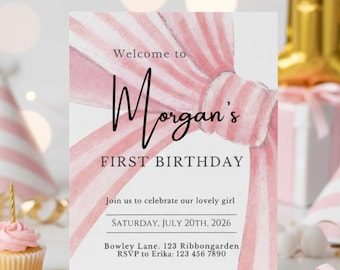 First Birthday Invitation Pink Bow Template, Girl Birthday Printable Editable in Canva