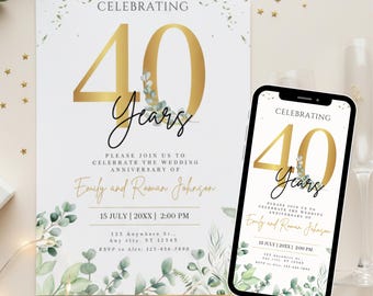 Plantilla digital editable en Canva para invitación de 40.º aniversario en dorado y verde.