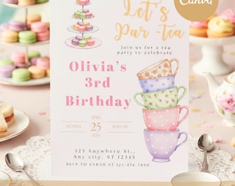 Invito di compleanno per festa del tè, tazze da tè color pastello (modello Canva modificabile, download digitale 5 x 7 pollici)