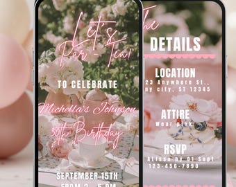 Tea Party Birthday Invitation, Watercolor Floral Garden Design Editable in Canva
