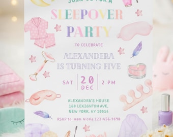 Sleepover Pajama Party Invitation Digital Template Editable in Canva, Pastel Kids Invite