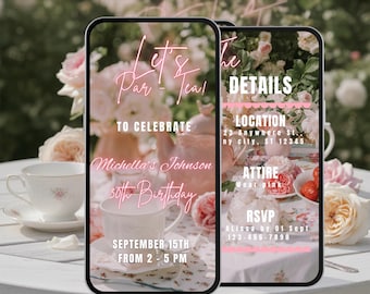 Tea Party Birthday Invitation, Watercolor Floral Garden Design Editable in Canva