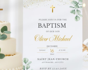 Baptism Invitation Greenery Gold Eucalyptus, Digital Template Editable in Canva for Boy