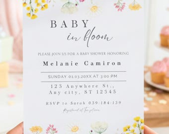 Kwiatowe zaproszenie na baby shower z motywem rozkwitającego dziecka, pastelowe zaproszenie na wiosenny ogród, edytowalne na Canva