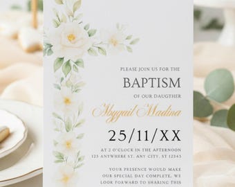 Invitación de Bautizo con Cruz Floral Crema, Plantilla Digital Editable en Canva para Niña