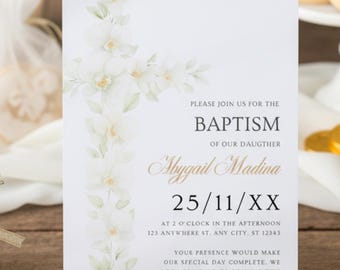 Baptism Invitation White Floral Cross, Digital Template Editable in Canva