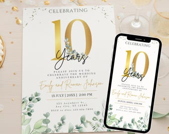 10th Anniversary Invitation Gold Green Digital Template Editable in Canva