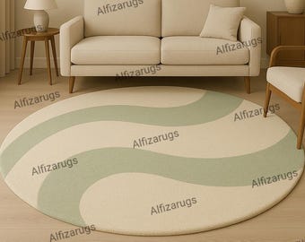 Sage Green Wave Round Rug, Modern Abstract Cream Carpet, Handmade Tufted Living Room Runner