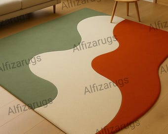 Hand Tufted Wool Rug: Modern Abstract Green, Beige & Orange