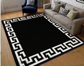 Hand Tufted Modern Black Rug | Greek Key Border Wool Carpet for Living Room & Bedroom