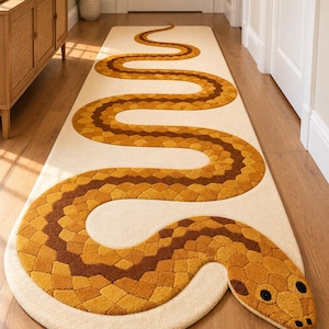 Alfombra de pasillo de lana tejida a mano con diseño de serpiente / Alfombra de pasillo con motivo animal en tonos dorados y marrones (2,5 x 10 pies)