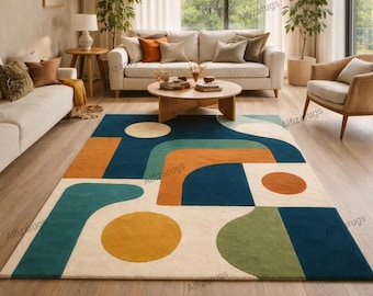 Hand Tufted Abstract Wool Rug | Modern Geometric Multicolor Luxury Carpet for Living Room