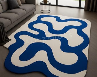 Hand-Tufted Abstract Wavy Area Rug: Modern Blue and White Carpet