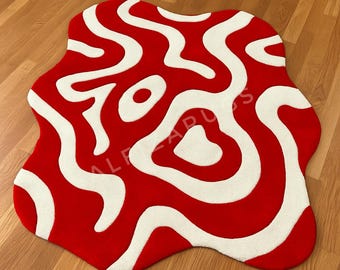 Hand Tufted Red Abstract Rug, Modern Irregular Shape Area Rug, White Wavy Pattern Carpet,