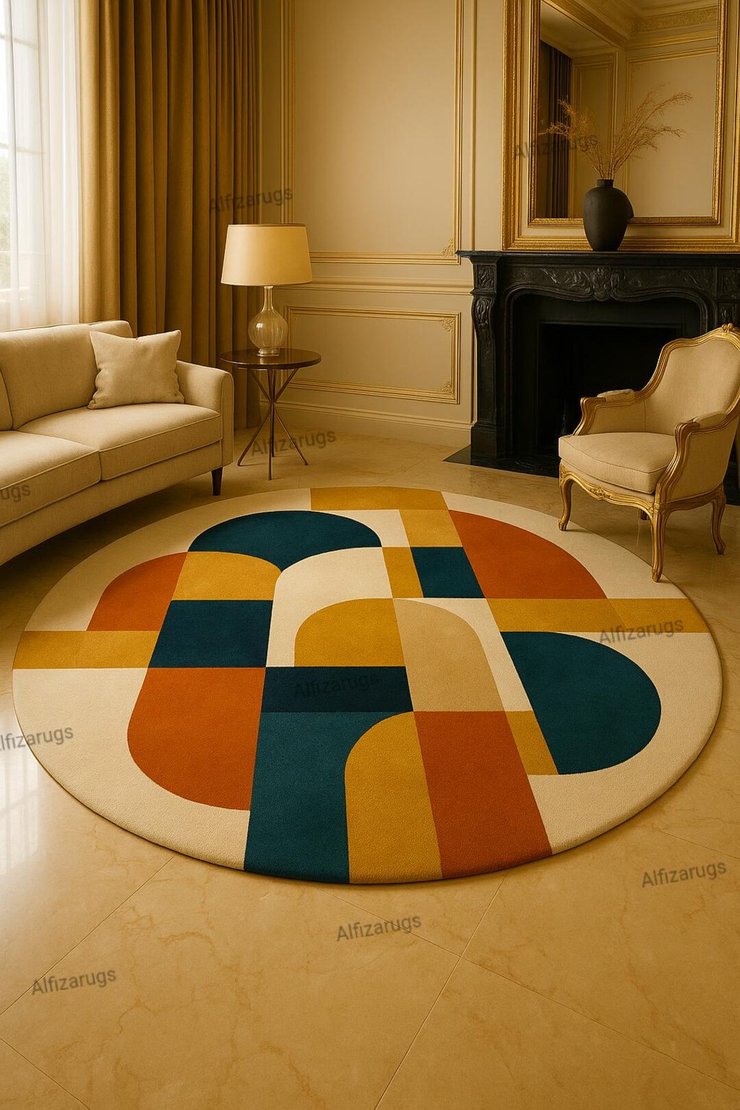 Modern Round Geometric Rug | Colorful Retro Pattern Carpet | Luxury ...