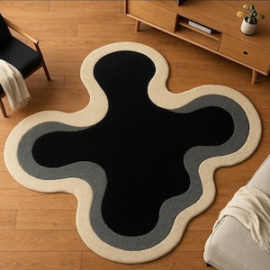 Hand-Tufted Wool Rug: Black, Gray & Beige Abstract Accent Carpet