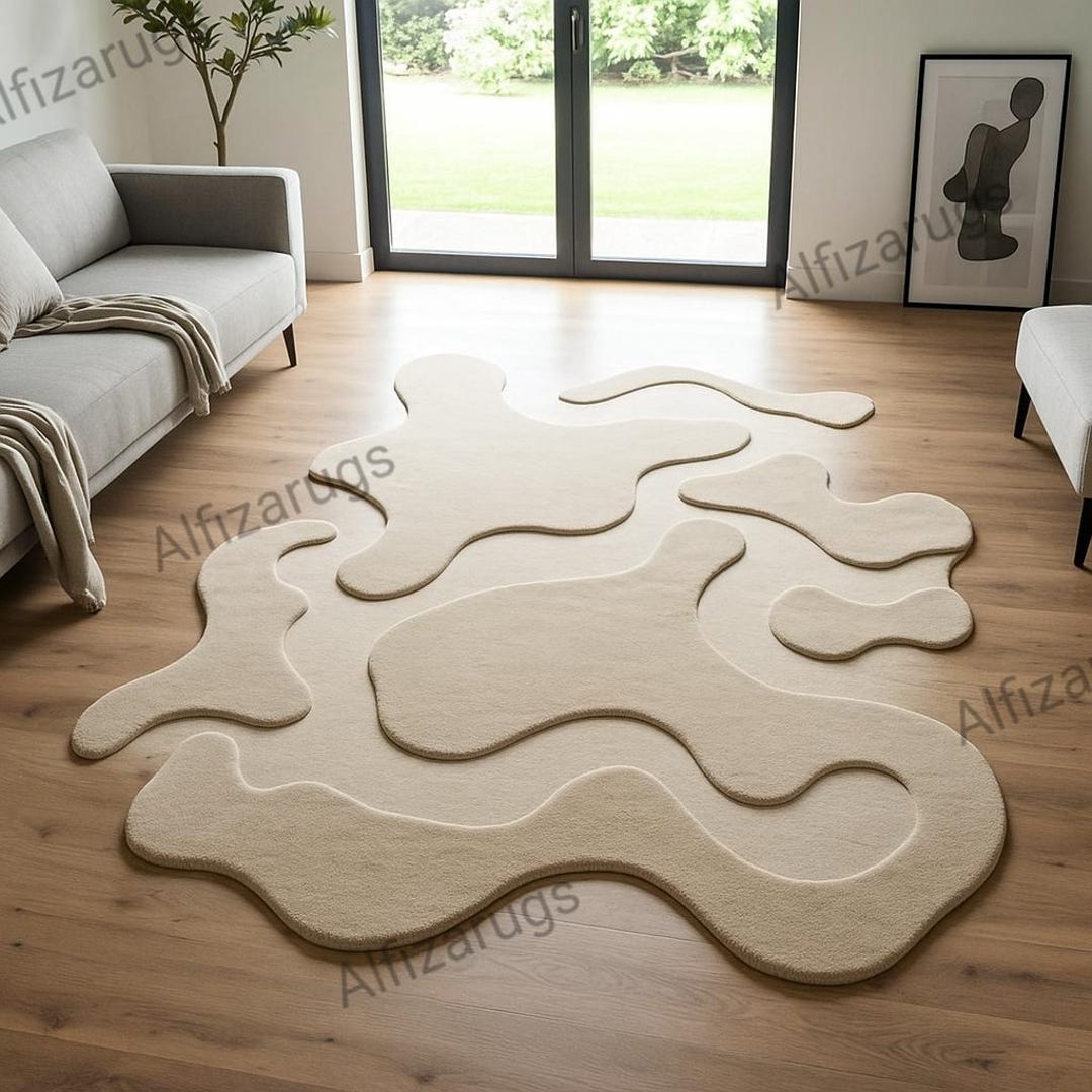 Modern Beige Organic Shape Rug | Abstract Wavy Carpet | Minimalist ...