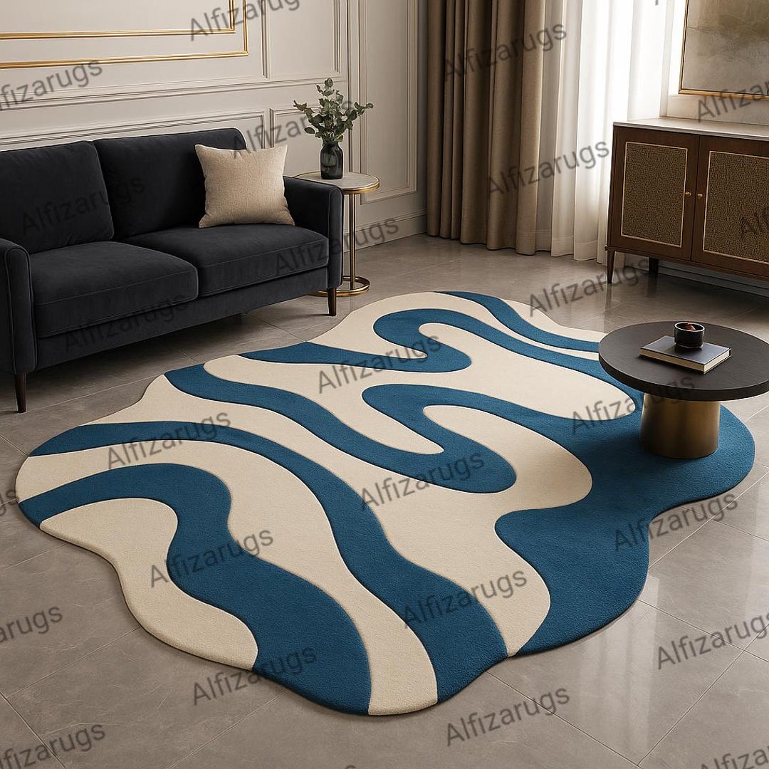 Hand Tufted Modern Wave Rug | Blue & Cream Irregular Abstract Carpet ...