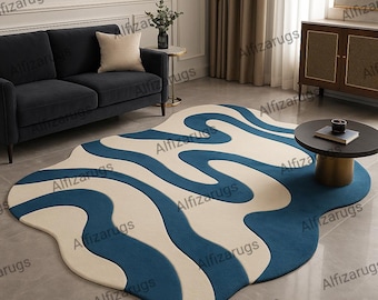 Hand getuftet moderner Wellenteppich | Unregelmäßiger abstrakter Teppich in Blau und Creme für Wohnzimmer