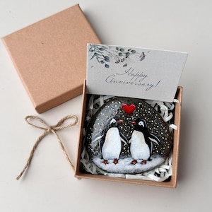 Romantic Gift for Couple - Hand Painted Penguin Rock - Cute Love Keepsake for Boyfriend, Girlfriend, Husband, Wife – Anniversary Gift Idea